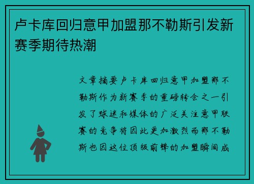 卢卡库回归意甲加盟那不勒斯引发新赛季期待热潮