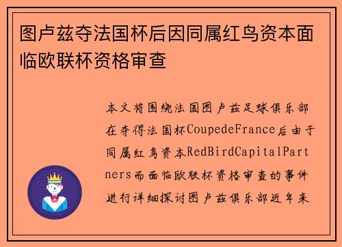 图卢兹夺法国杯后因同属红鸟资本面临欧联杯资格审查 图卢兹夺法国杯后因同属红鸟资本面临欧联杯资格审查