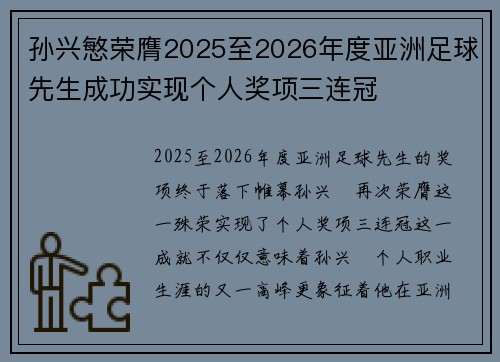 孙兴慜荣膺2025至2026年度亚洲足球先生成功实现个人奖项三连冠